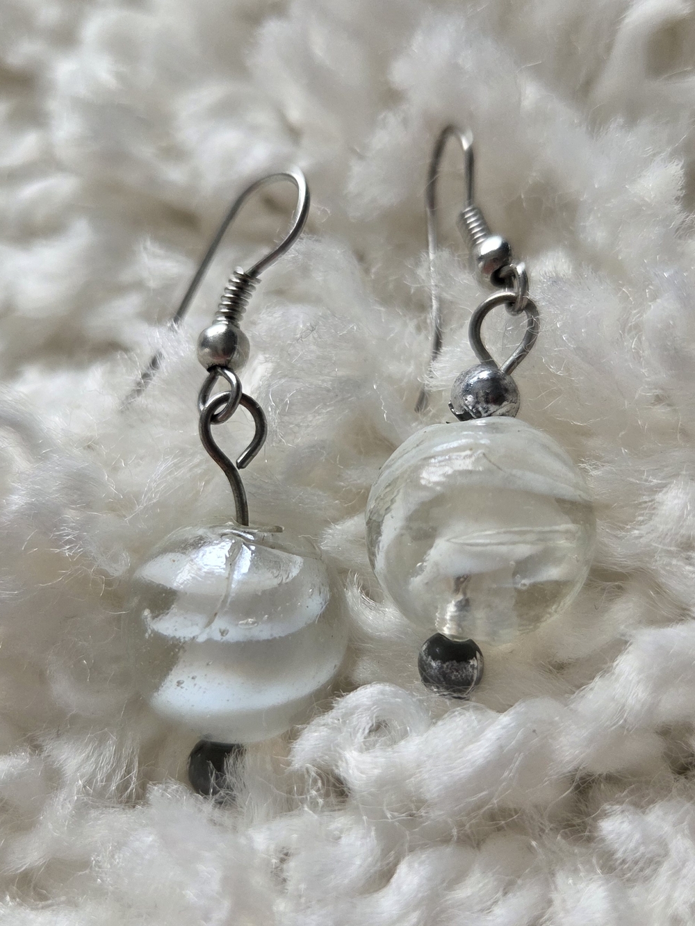 Clear Glass Bead Drop Earrings - White